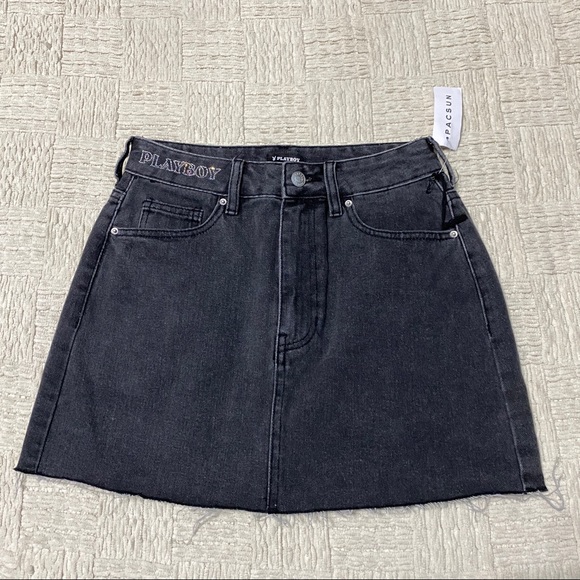 Playboy By PacSun Ultra High Waisted Denim Skirt Sz 26 Bunny Bejeweled NWT Black - Picture 3 of 7